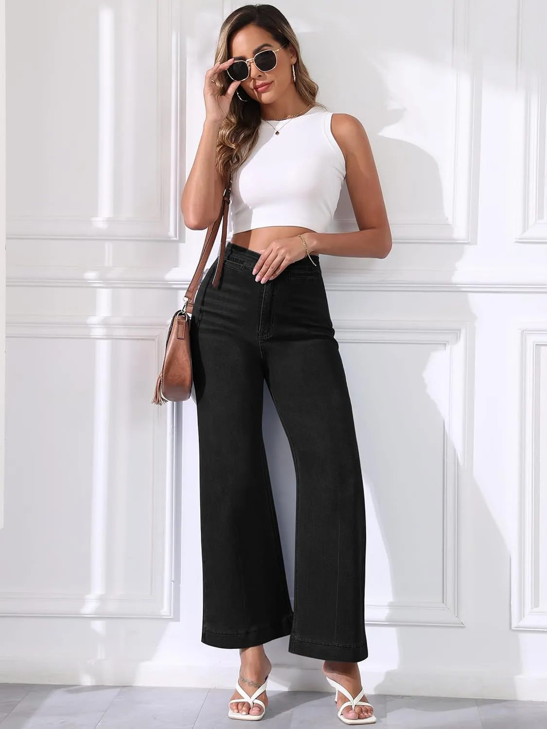 High Waisted Wide Leg Jeans Stretchy Flare Jeans for Women Loose Baggy Denim Pants with Pockets Y2K Trendy