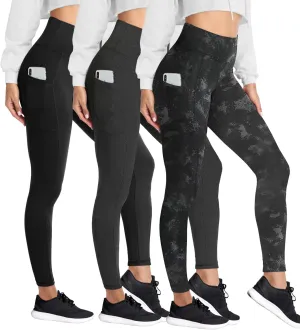 HIGHDAYS 3 Pack Women's Fleece Lined Leggings with Pockets - High Waist Winter Thermal Warm Workout Running Yoga Pants