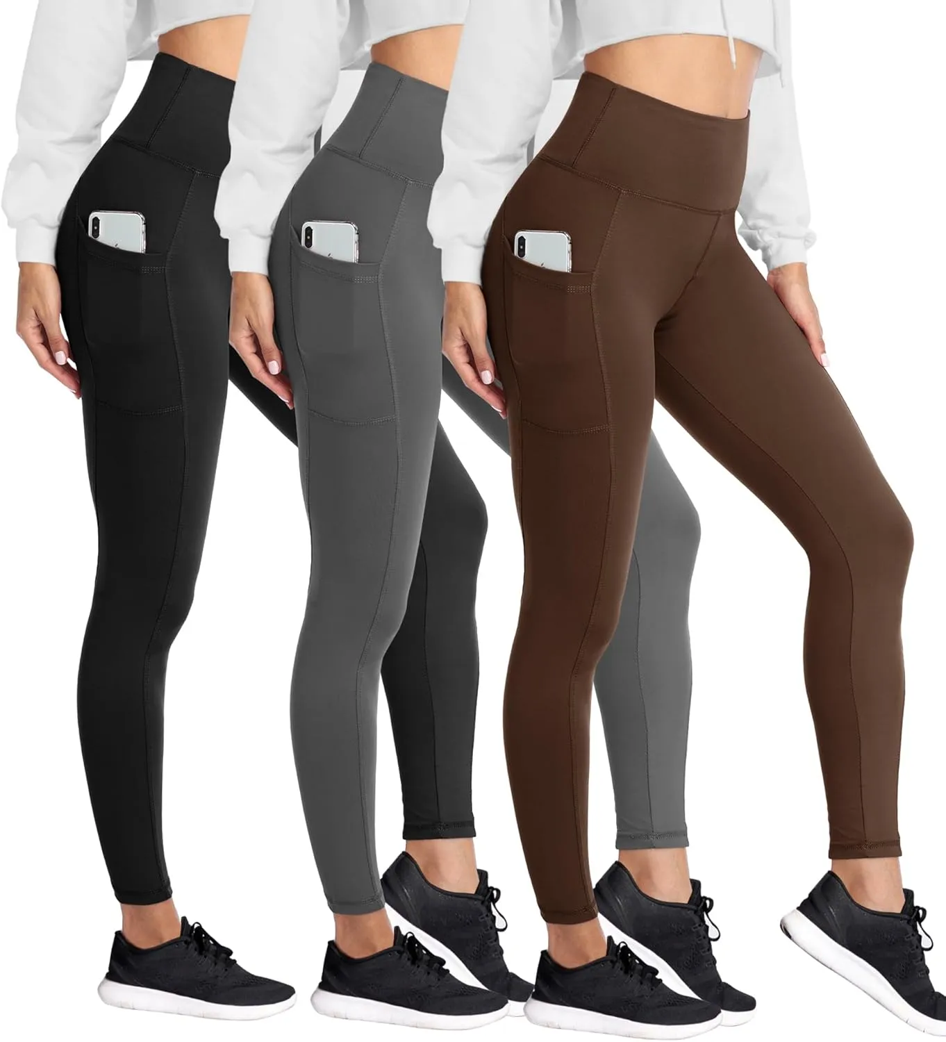 HIGHDAYS 3 Pack Women's Fleece Lined Leggings with Pockets - High Waist Winter Thermal Warm Workout Running Yoga Pants