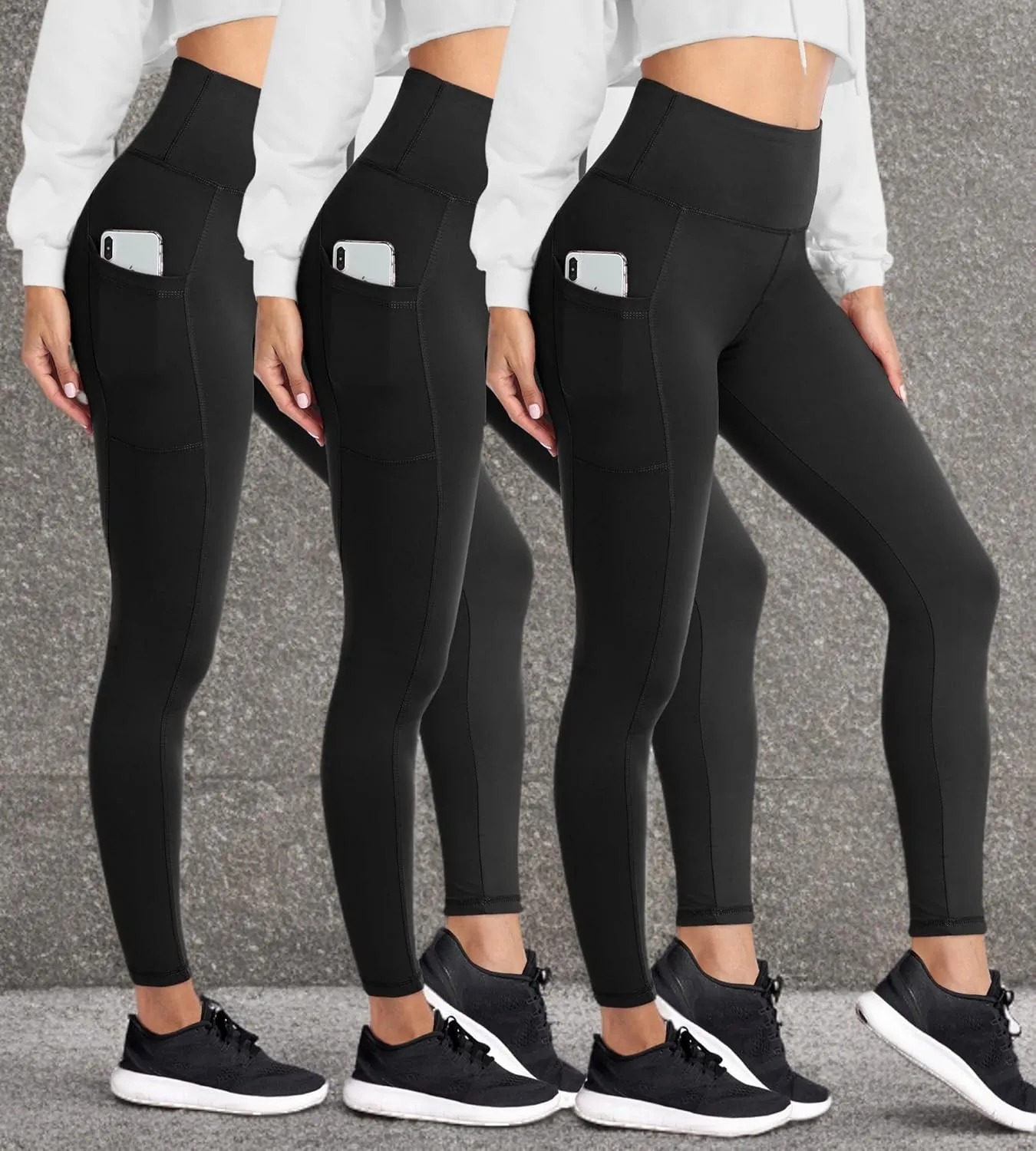 HIGHDAYS 3 Pack Women's Fleece Lined Leggings with Pockets - High Waist Winter Thermal Warm Workout Running Yoga Pants