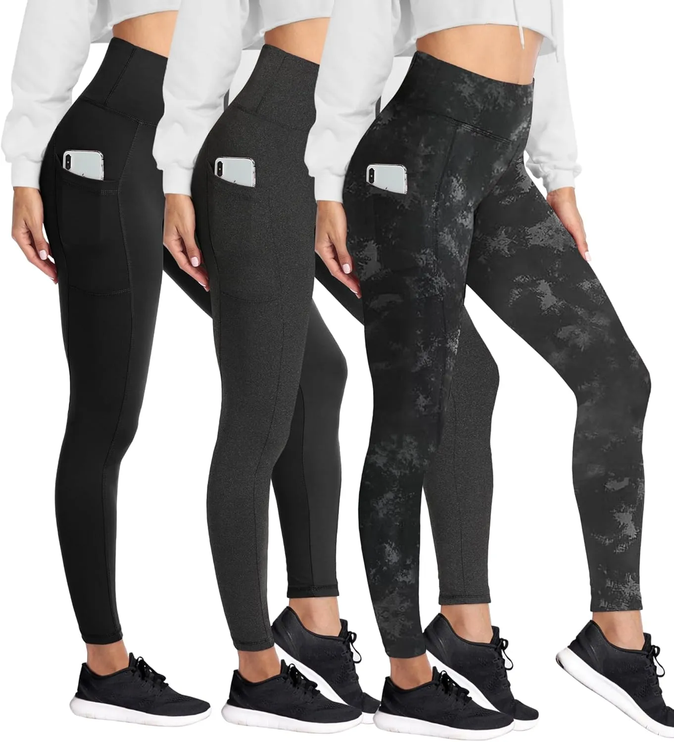 HIGHDAYS 3 Pack Women's Fleece Lined Leggings with Pockets - High Waist Winter Thermal Warm Workout Running Yoga Pants