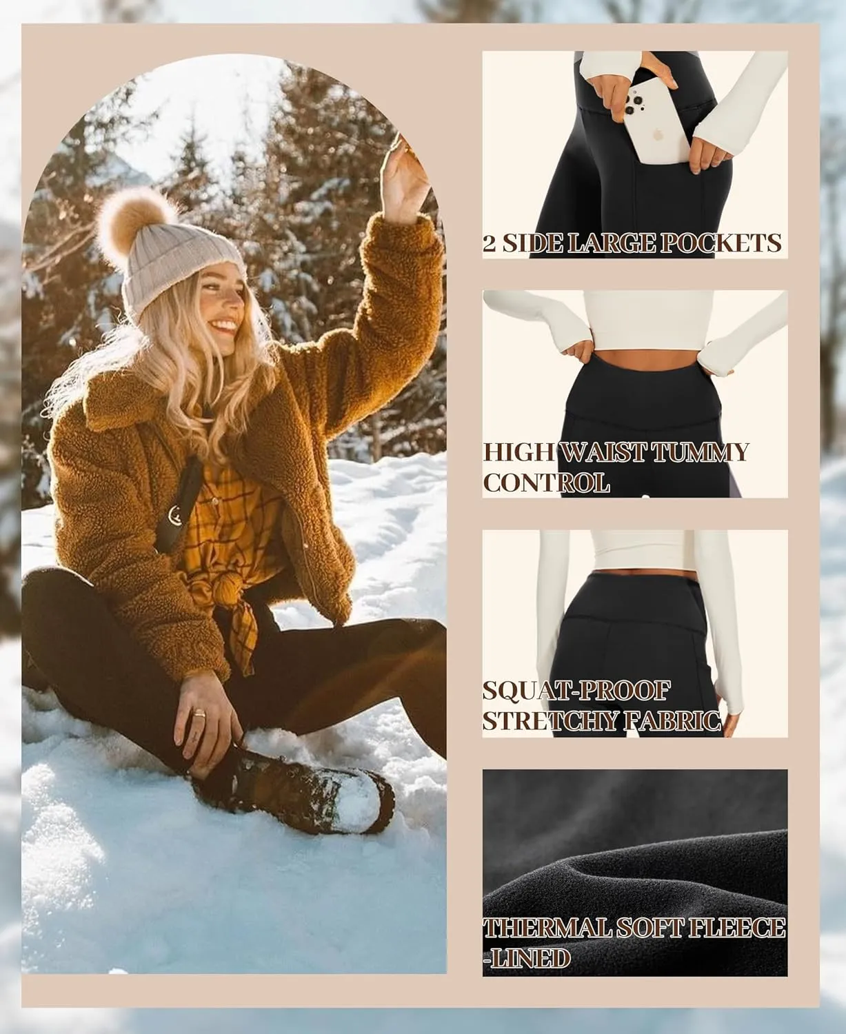 HIGHDAYS 3 Pack Women's Fleece Lined Leggings with Pockets - High Waist Winter Thermal Warm Workout Running Yoga Pants
