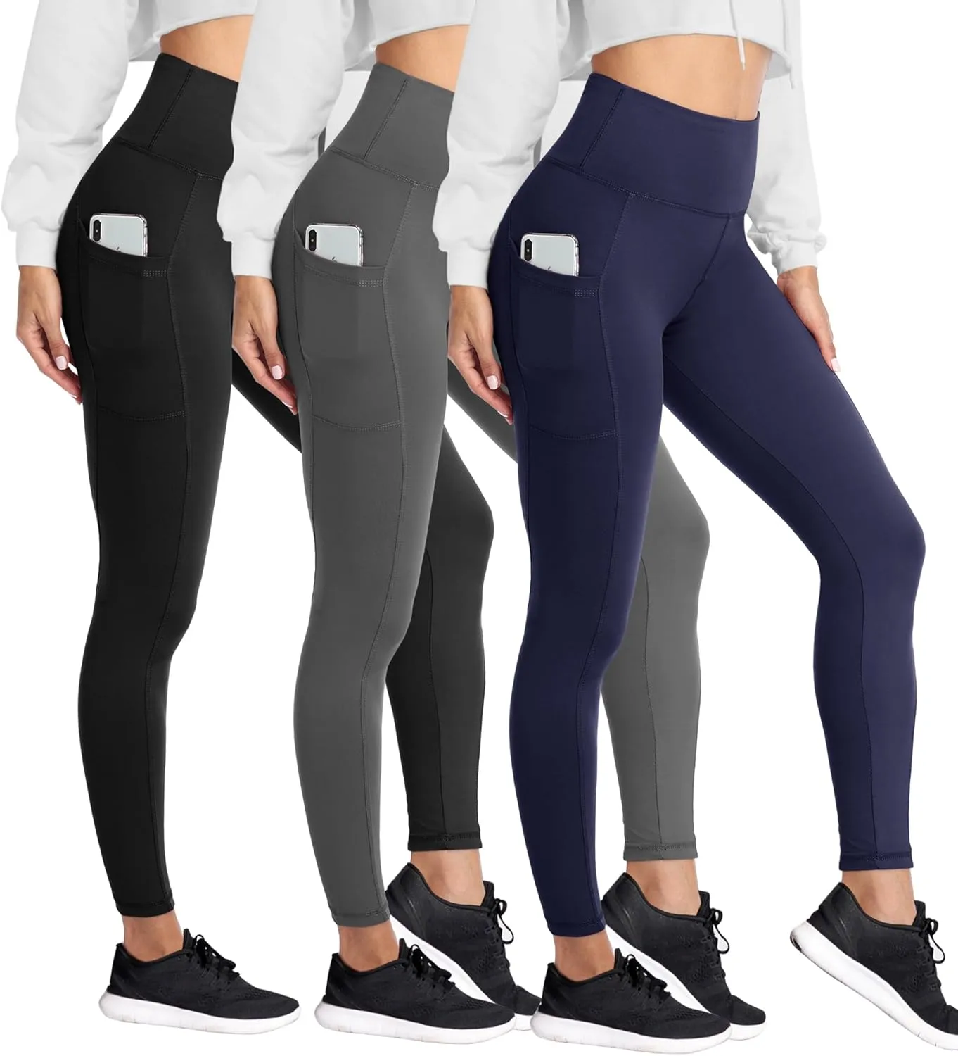 HIGHDAYS 3 Pack Women's Fleece Lined Leggings with Pockets - High Waist Winter Thermal Warm Workout Running Yoga Pants