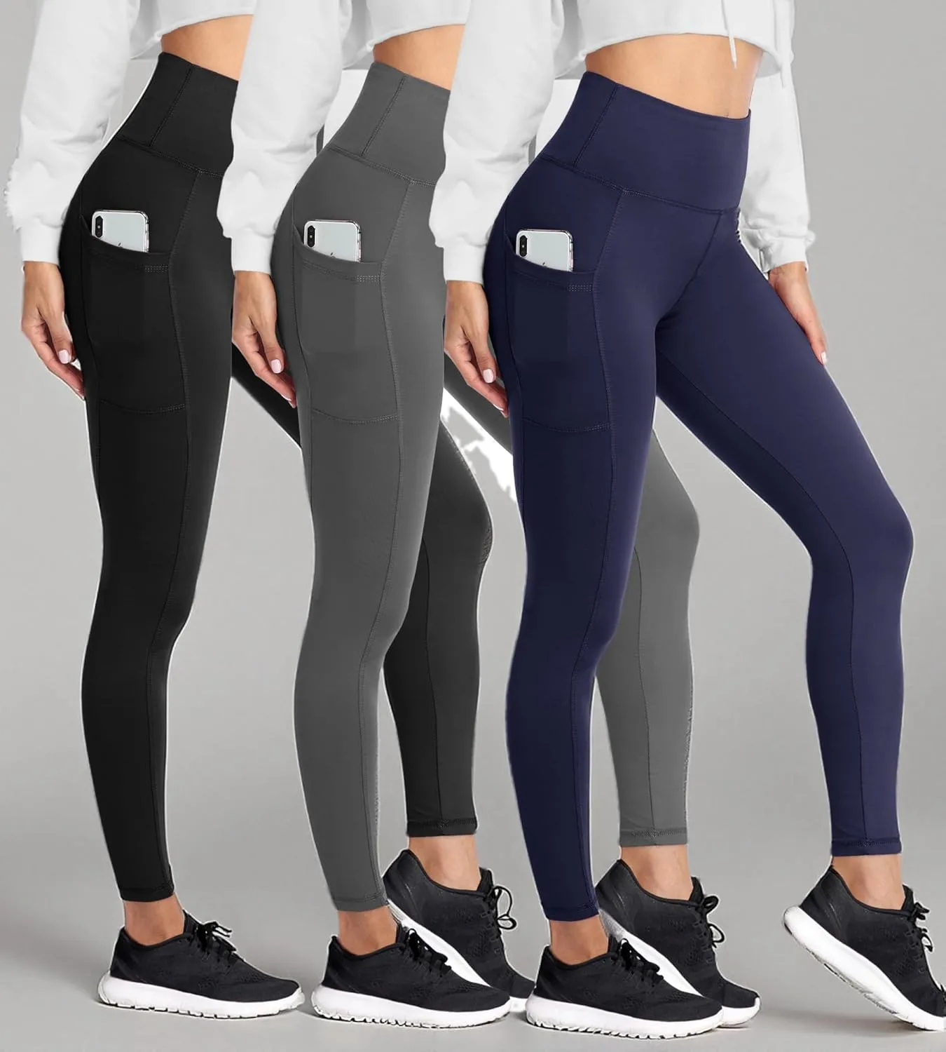 HIGHDAYS 3 Pack Women's Fleece Lined Leggings with Pockets - High Waist Winter Thermal Warm Workout Running Yoga Pants