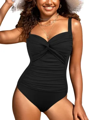 Hilor Women's Tummy Control One Piece Swimsuits Front Twist Bathing Suits Slimming Monokini Swimwear