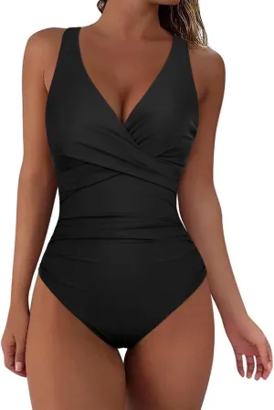 Hilor Women's Underwire One Piece Swimsuits Twist Front Ruched Tummy Control Bathing Suits Crossback Swimwear