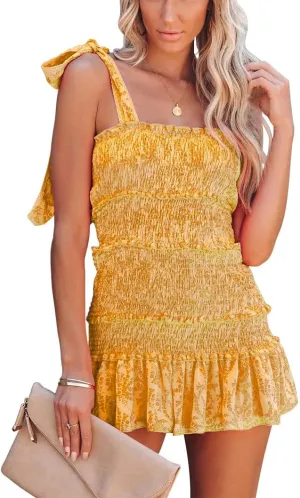 Hotmiss Womens Ruffle Smocked Mini Dress Sleeveless Floral Print Summer Tiered Tie Slim Fit Short Dresses