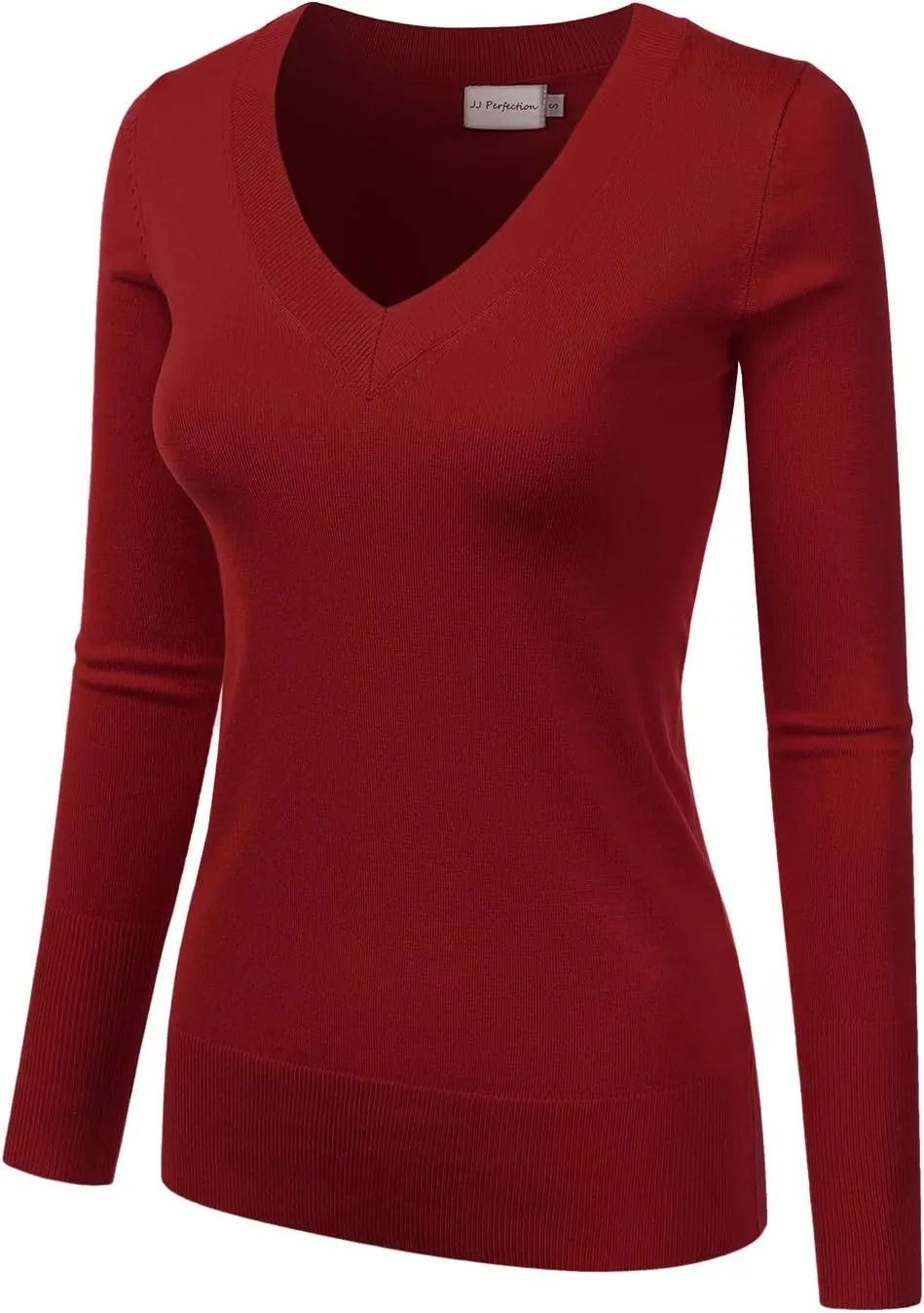 JJ Perfection Simple V-Neck Long Sleeve Pullover Essential Casual Soft Knit Fitted Sweaters for Womens Clothes with Plus Size