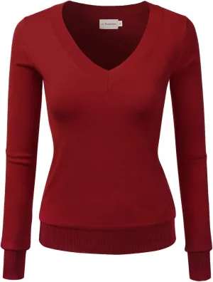 JJ Perfection Simple V-Neck Long Sleeve Pullover Essential Casual Soft Knit Fitted Sweaters for Womens Clothes with Plus Size