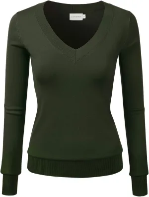 JJ Perfection Simple V-Neck Long Sleeve Pullover Essential Casual Soft Knit Fitted Sweaters for Womens Clothes with Plus Size