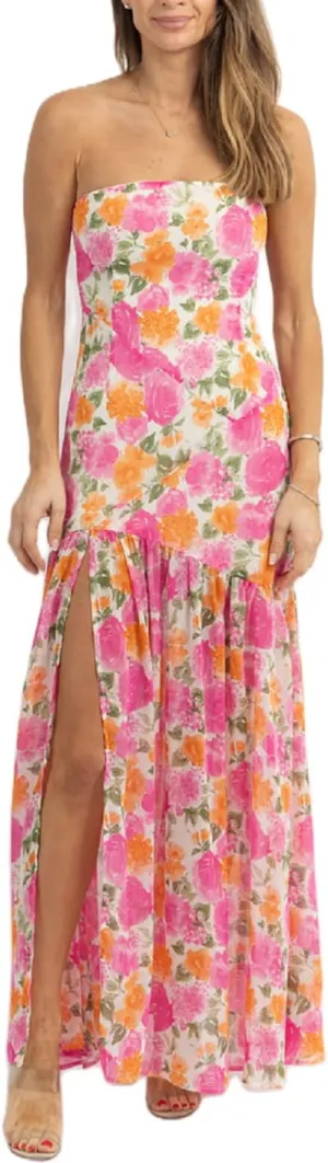Juakoso Women's Pink Floral Print Mesh Patchwork Maxi Dress, Strapless, Sleeveless, High Slit, S/M/L