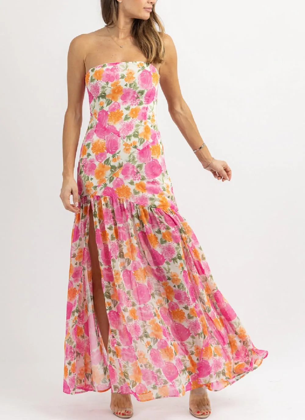 Juakoso Women's Pink Floral Print Mesh Patchwork Maxi Dress, Strapless, Sleeveless, High Slit, S/M/L