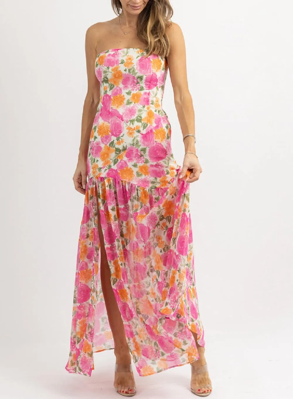 Juakoso Women's Pink Floral Print Mesh Patchwork Maxi Dress, Strapless, Sleeveless, High Slit, S/M/L