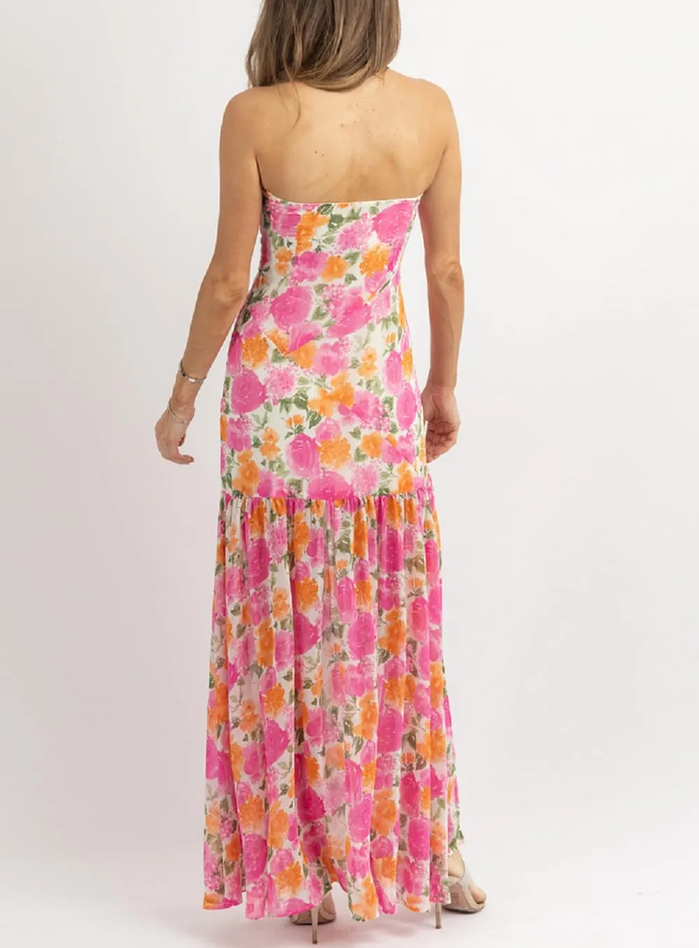Juakoso Women's Pink Floral Print Mesh Patchwork Maxi Dress, Strapless, Sleeveless, High Slit, S/M/L