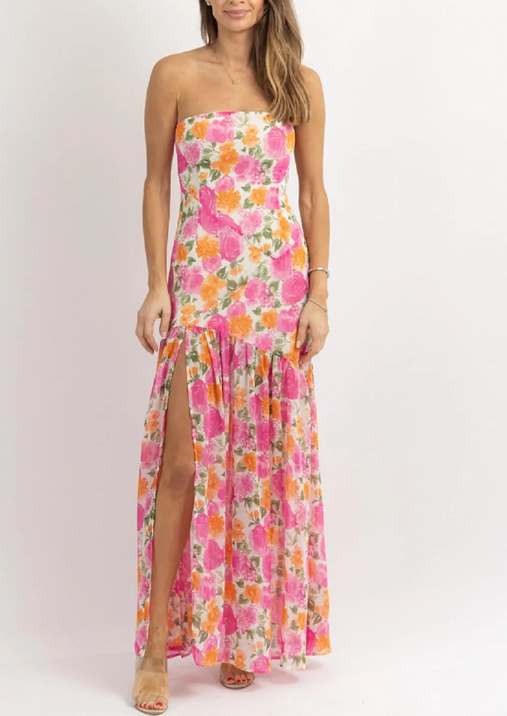 Juakoso Women's Pink Floral Print Mesh Patchwork Maxi Dress, Strapless, Sleeveless, High Slit, S/M/L