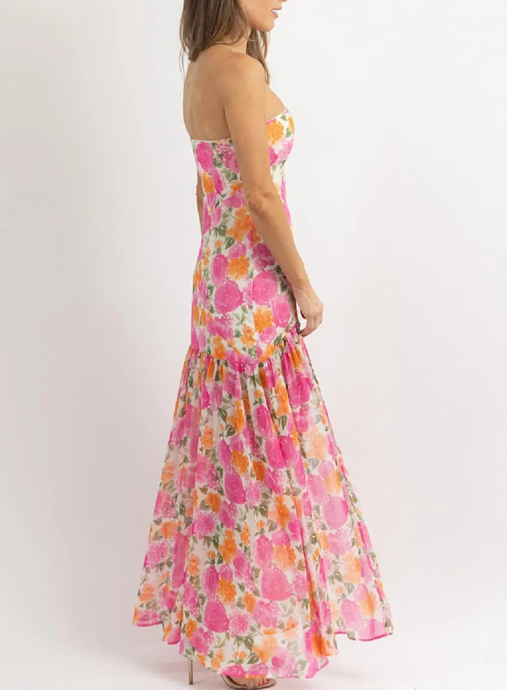 Juakoso Women's Pink Floral Print Mesh Patchwork Maxi Dress, Strapless, Sleeveless, High Slit, S/M/L