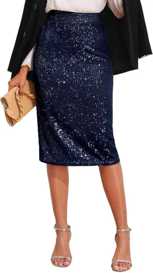 kayamiya Women's High Waist Sequin Skirt Sparkly Midi Skirts Party Cocktail Bodycon Back Slit