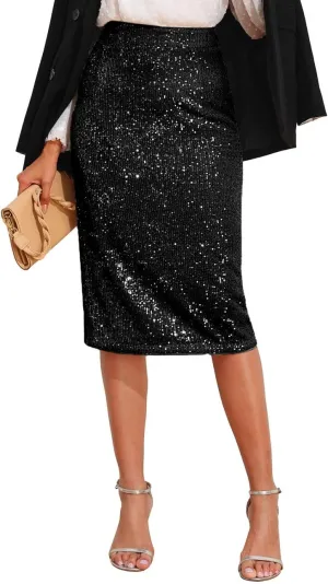 kayamiya Women's High Waist Sequin Skirt Sparkly Midi Skirts Party Cocktail Bodycon Back Slit