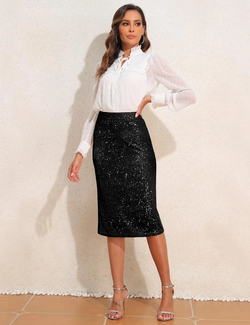 kayamiya Women's High Waist Sequin Skirt Sparkly Midi Skirts Party Cocktail Bodycon Back Slit