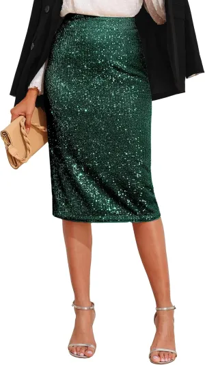 kayamiya Women's High Waist Sequin Skirt Sparkly Midi Skirts Party Cocktail Bodycon Back Slit