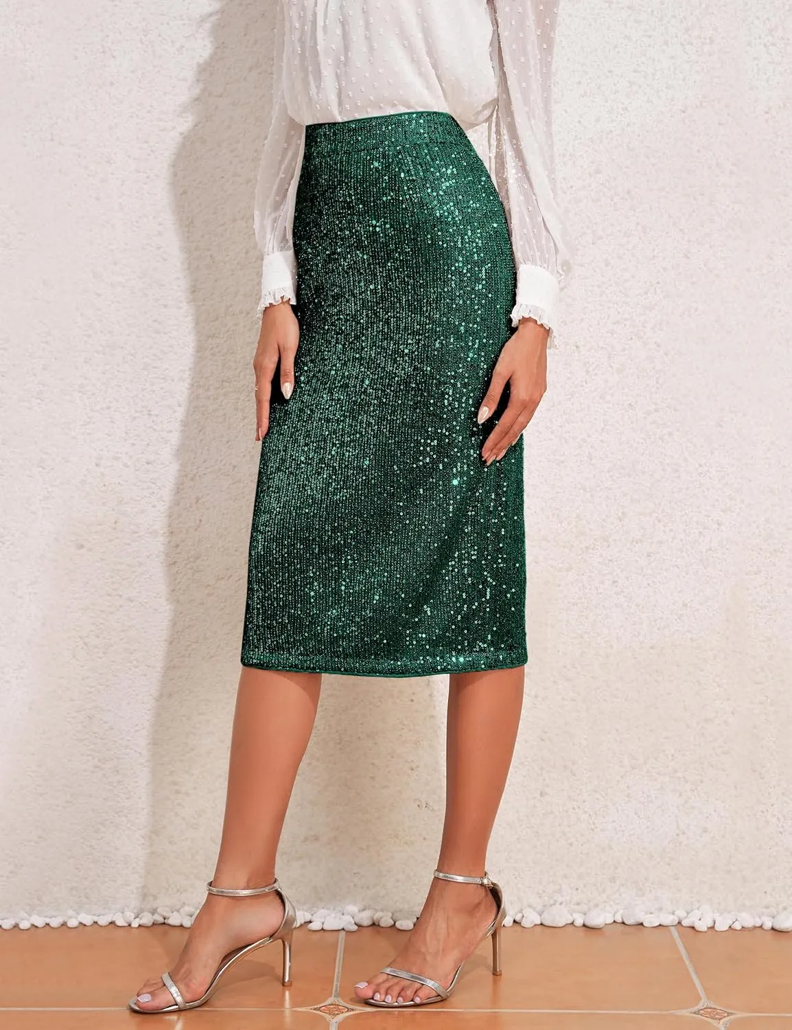 kayamiya Women's High Waist Sequin Skirt Sparkly Midi Skirts Party Cocktail Bodycon Back Slit