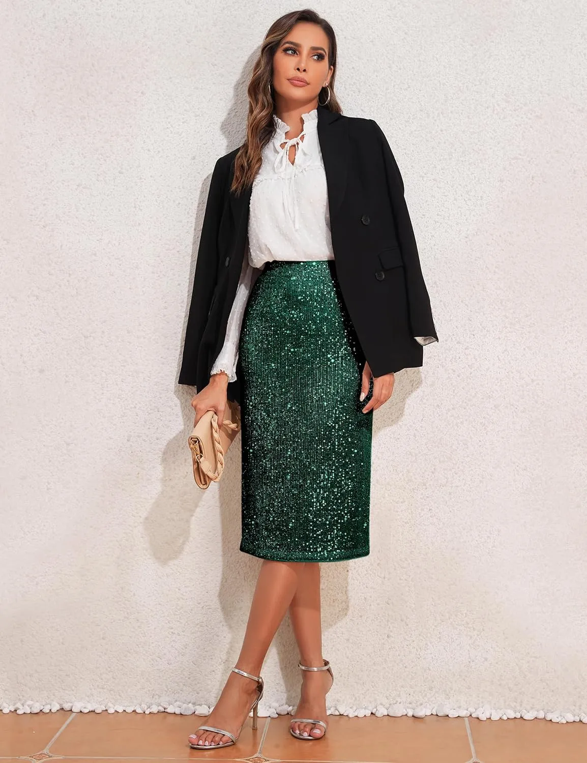 kayamiya Women's High Waist Sequin Skirt Sparkly Midi Skirts Party Cocktail Bodycon Back Slit
