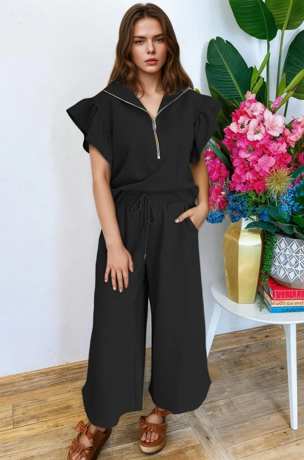 KevaMolly Womens Lounge Sets Textured Ruffled Sleeve Zipped Top and Wide Leg Pants Set Daily Two Piece Sets