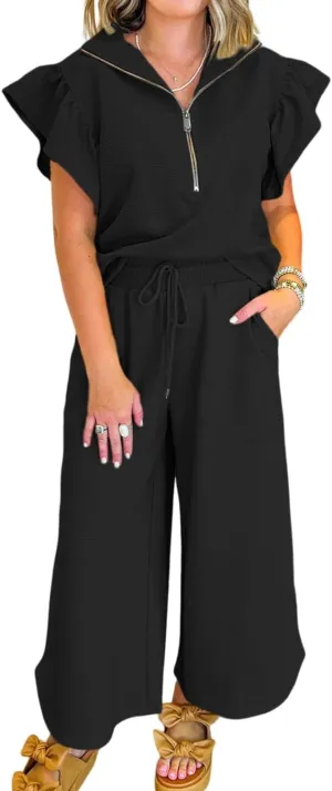 KevaMolly Womens Lounge Sets Textured Ruffled Sleeve Zipped Top and Wide Leg Pants Set Daily Two Piece Sets