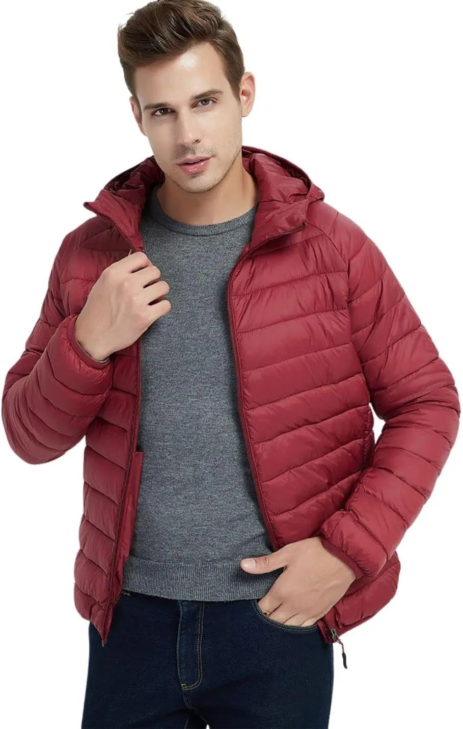 Kinkia Men's Lightweight Puffer Jacket Ultra Soft Warm Waterproof Quilted Hooded Outwear Coat
