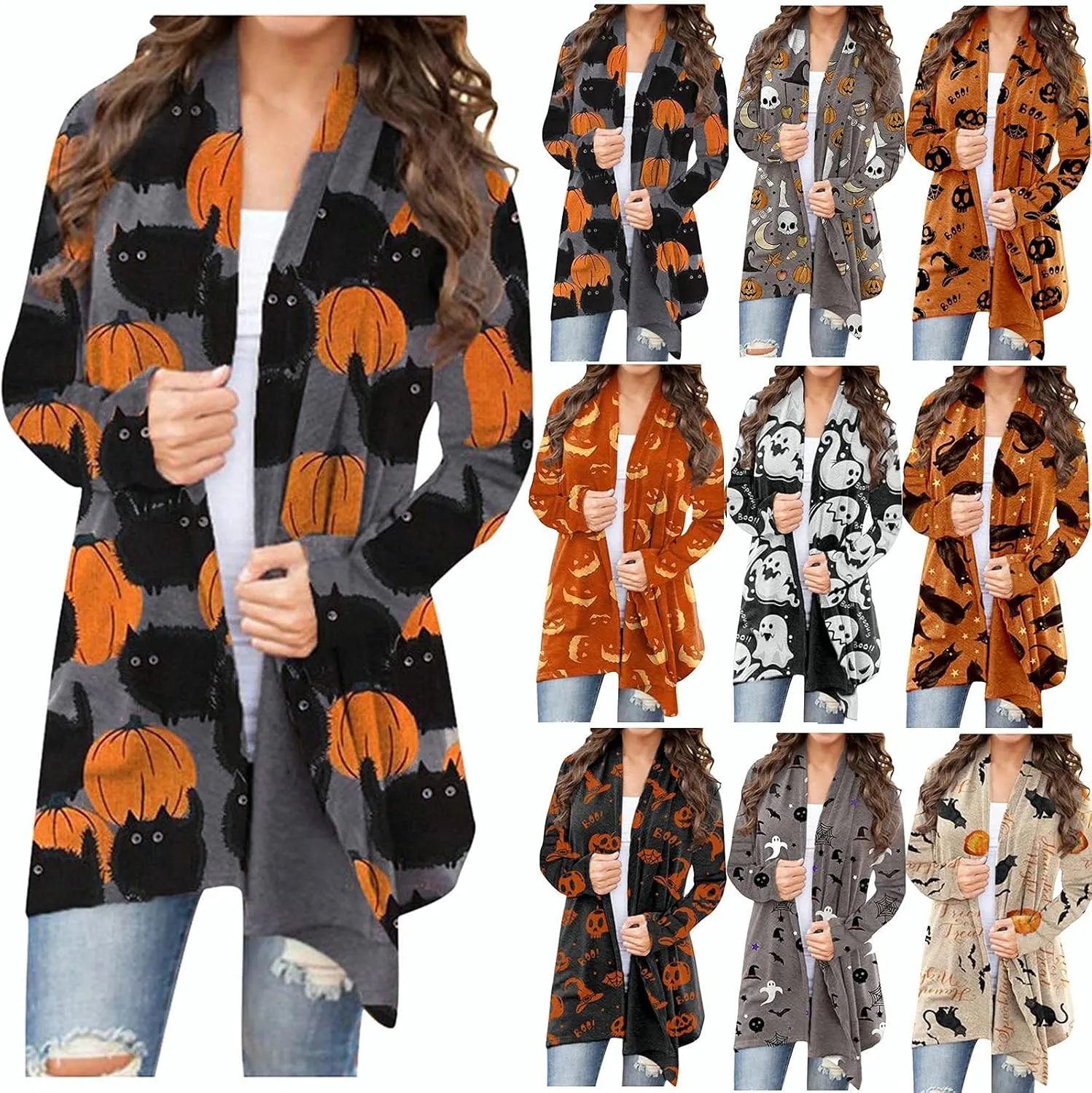 kinstell Women Halloween Long Sleeve Open Front Cardigan Pumpkin Animal Black Cat Ghost Lightweight Coat