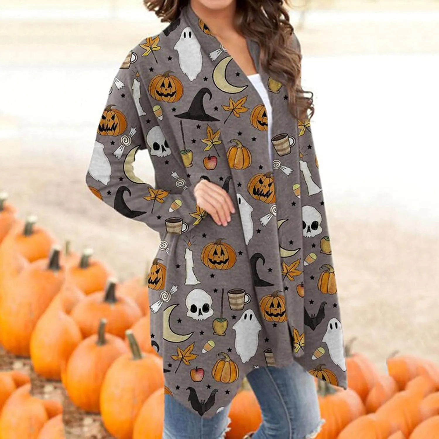 kinstell Women Halloween Long Sleeve Open Front Cardigan Pumpkin Animal Black Cat Ghost Lightweight Coat