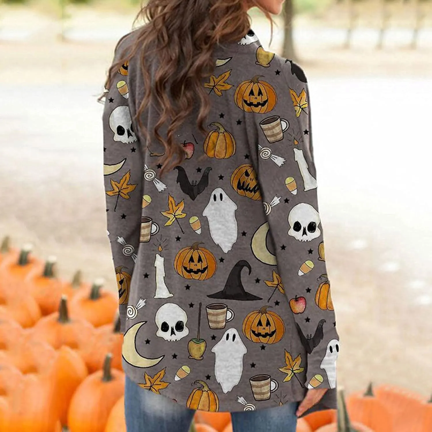 kinstell Women Halloween Long Sleeve Open Front Cardigan Pumpkin Animal Black Cat Ghost Lightweight Coat