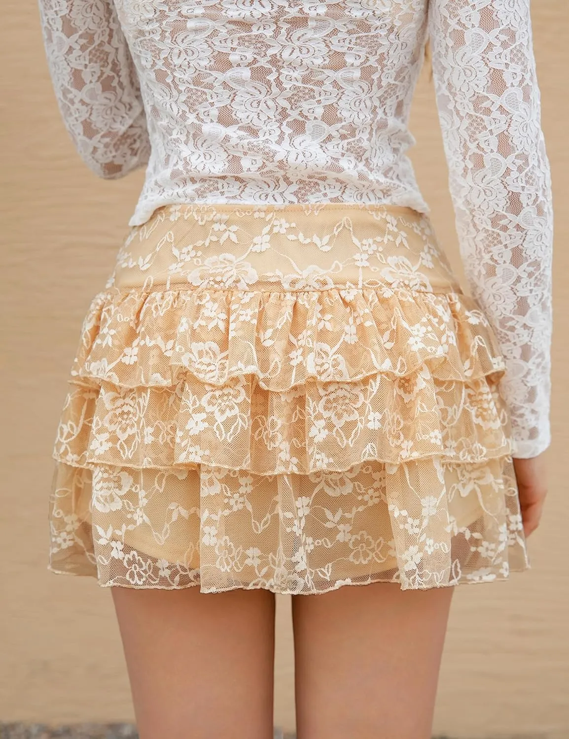 Lace Skirt for Women Summer Sexy Mini High Waisted Floral 3D Flower Layered Ruffled Pleated Half Slip Cake Skirts