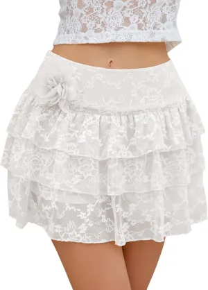 Lace Skirt for Women Summer Sexy Mini High Waisted Floral 3D Flower Layered Ruffled Pleated Half Slip Cake Skirts