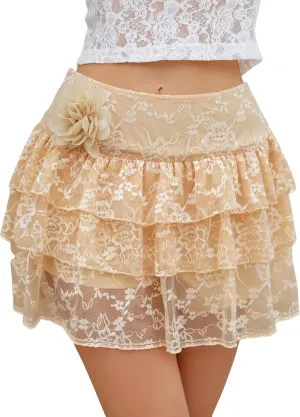 Lace Skirt for Women Summer Sexy Mini High Waisted Floral 3D Flower Layered Ruffled Pleated Half Slip Cake Skirts