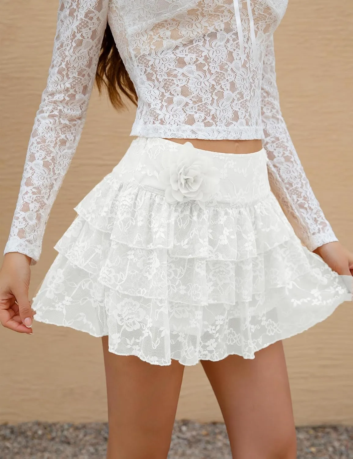 Lace Skirt for Women Summer Sexy Mini High Waisted Floral 3D Flower Layered Ruffled Pleated Half Slip Cake Skirts