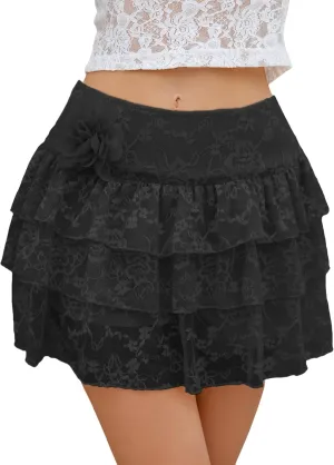 Lace Skirt for Women Summer Sexy Mini High Waisted Floral 3D Flower Layered Ruffled Pleated Half Slip Cake Skirts