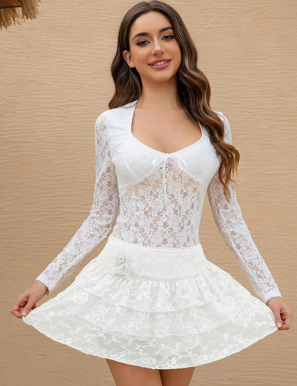 Lace Skirt for Women Summer Sexy Mini High Waisted Floral 3D Flower Layered Ruffled Pleated Half Slip Cake Skirts