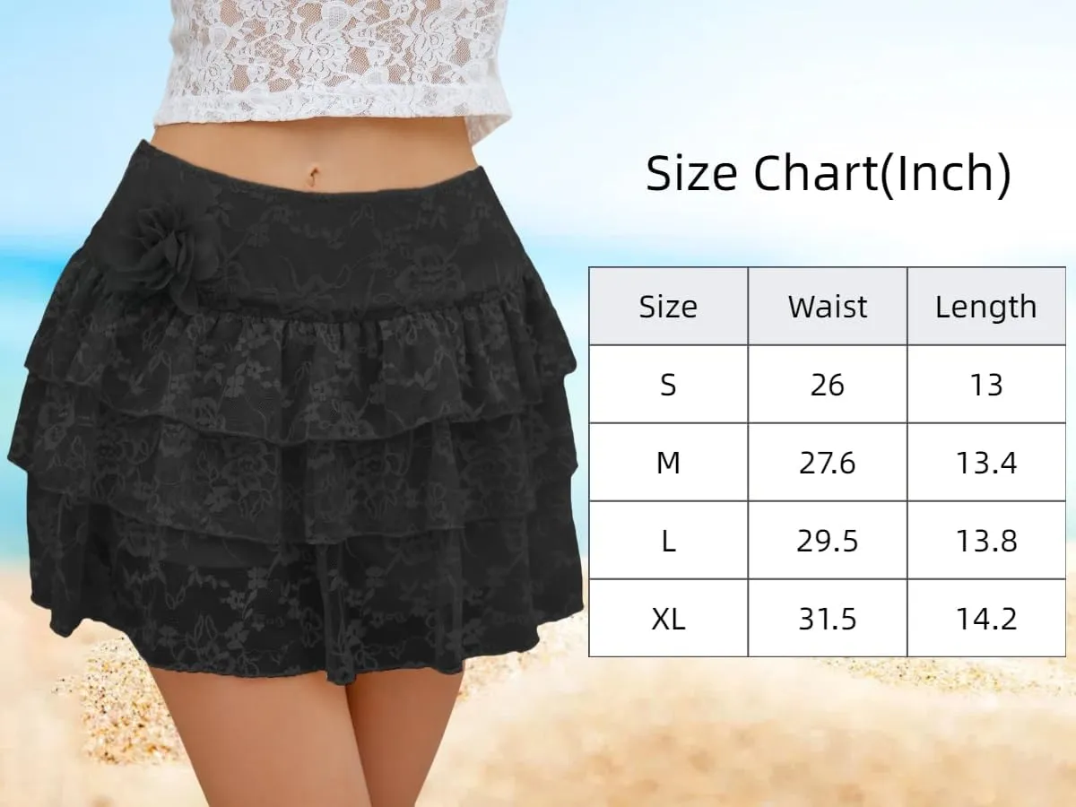 Lace Skirt for Women Summer Sexy Mini High Waisted Floral 3D Flower Layered Ruffled Pleated Half Slip Cake Skirts