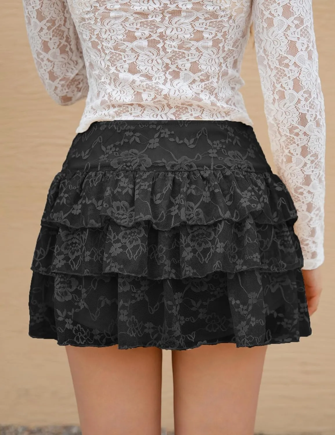 Lace Skirt for Women Summer Sexy Mini High Waisted Floral 3D Flower Layered Ruffled Pleated Half Slip Cake Skirts