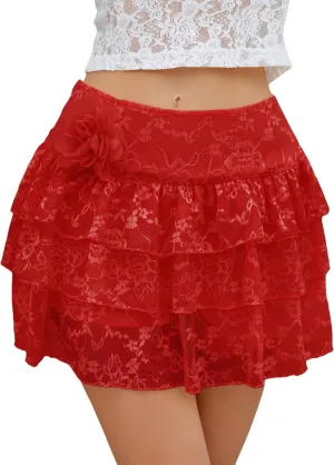 Lace Skirt for Women Summer Sexy Mini High Waisted Floral 3D Flower Layered Ruffled Pleated Half Slip Cake Skirts