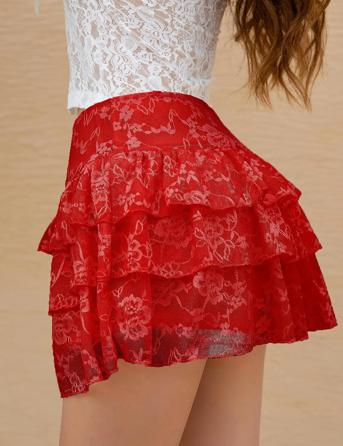 Lace Skirt for Women Summer Sexy Mini High Waisted Floral 3D Flower Layered Ruffled Pleated Half Slip Cake Skirts