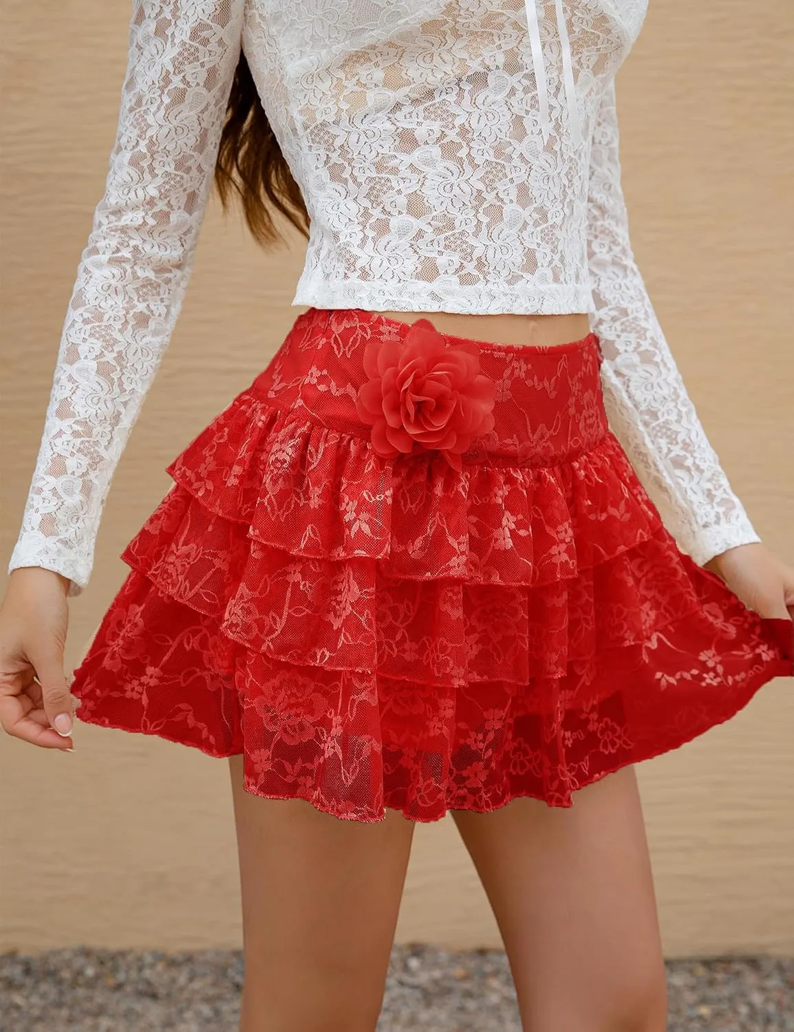 Lace Skirt for Women Summer Sexy Mini High Waisted Floral 3D Flower Layered Ruffled Pleated Half Slip Cake Skirts