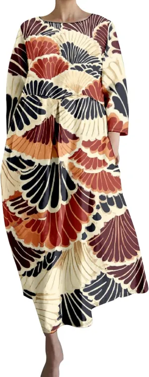 Linen Maxi Dress for Women Vintage Floral Print Plus Size Summer Casual 3/4 Sleeve Dresses with Pockets
