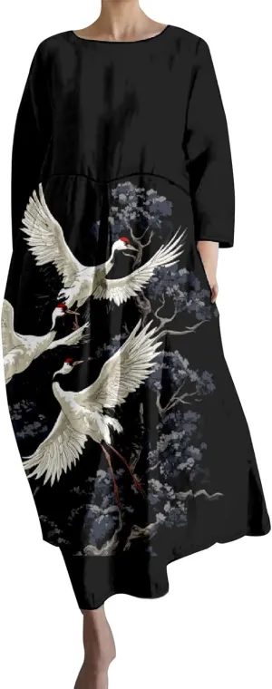 Linen Maxi Dress for Women Vintage Floral Print Plus Size Summer Casual 3/4 Sleeve Dresses with Pockets