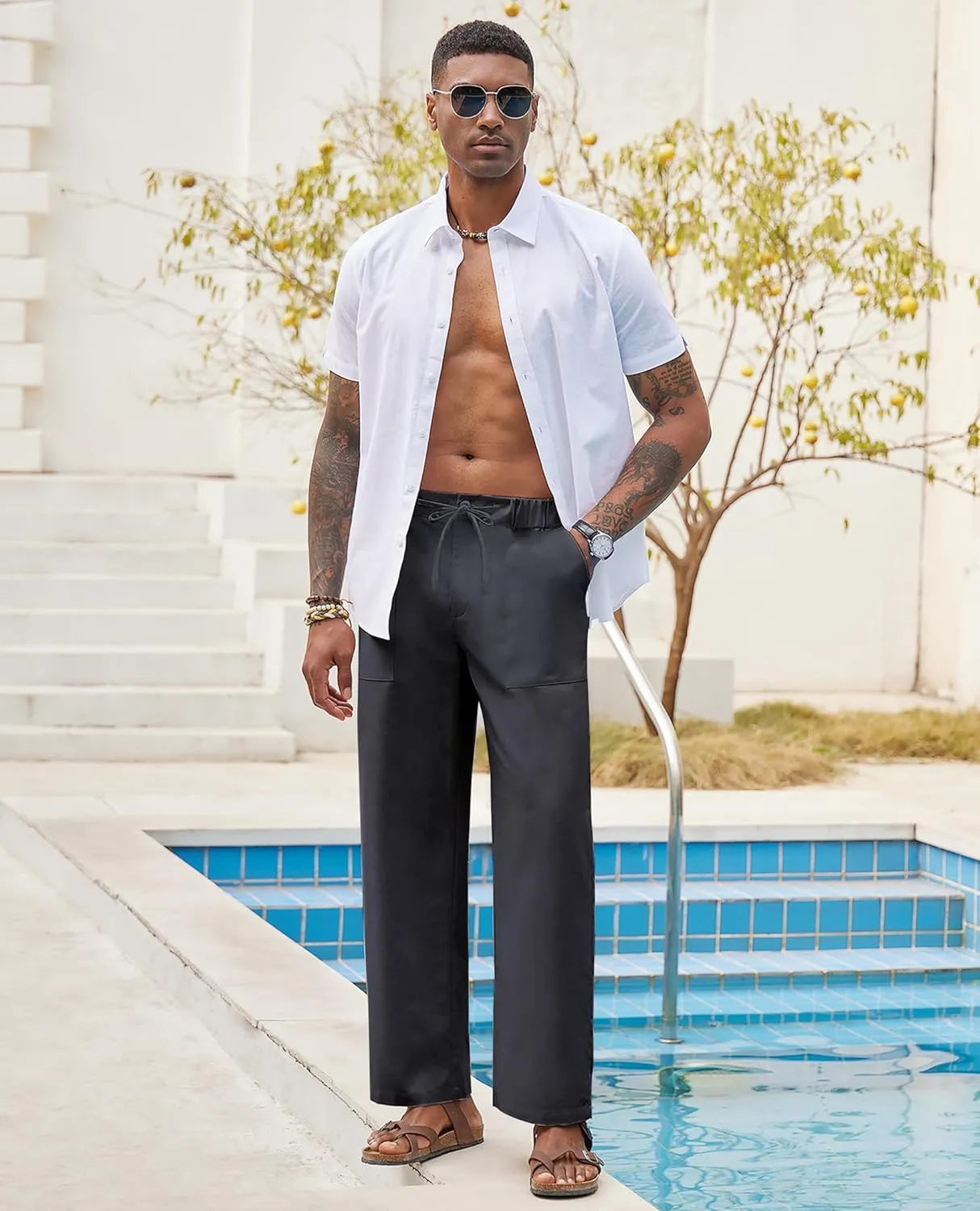 Linen Pants for Men - Casual Wide Leg Beach & Lounge Pants with Pockets