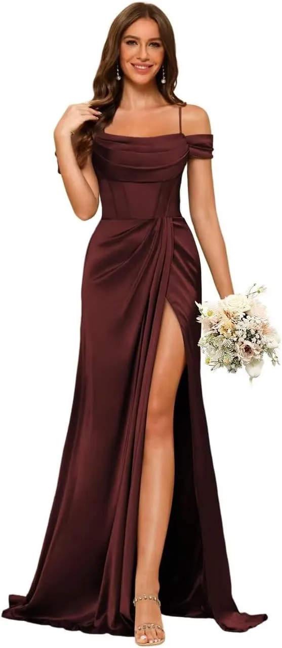 Long Bridesmaid Dresses with Silt for Wedding Spaghetti Strap Mermaid Prom Dress PU195