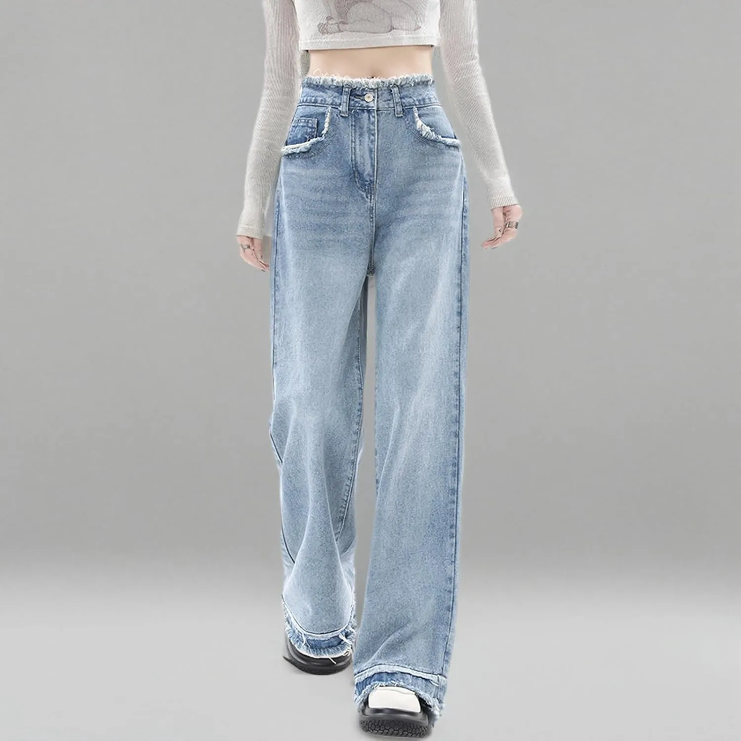 LONGYIDA Straight Wide Leg Jeans for Women Stretch High Waisted Baggy Jeans Casual Boyfriend Trendy Denim Pants 2025