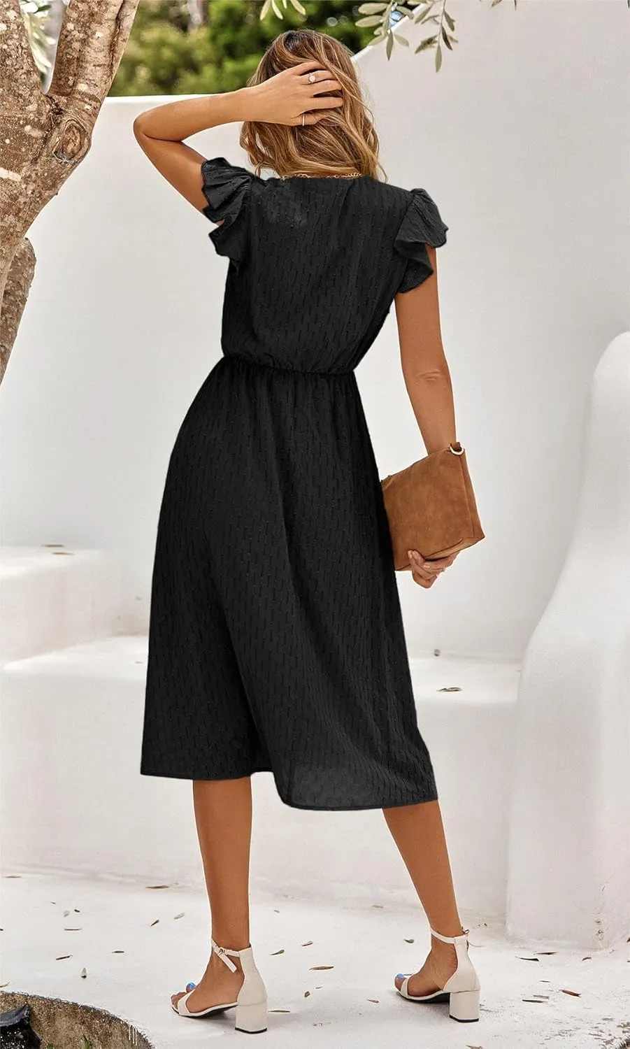 loveimgs Women's Casual Summer Ruffle Sleeve V-Neck Button Down A-Line Pleated Boho Swing Beach Sun Dress