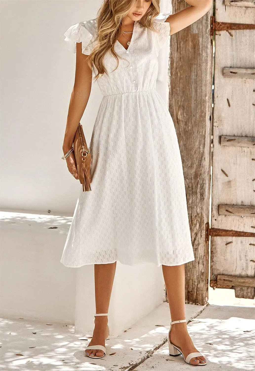 loveimgs Women's Casual Summer Ruffle Sleeve V-Neck Button Down A-Line Pleated Boho Swing Beach Sun Dress